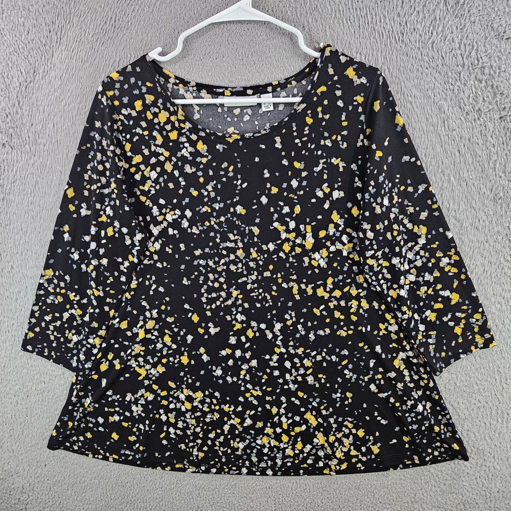 Susan Graver Liquid Knit Top Womens MP Black Yellow Confetti 3/4 Sleeve